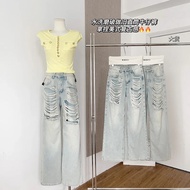 Women's light blue ripped jeans baggy Harajuku cowboy trousers Y2K denim pants vintage Japanese 2000