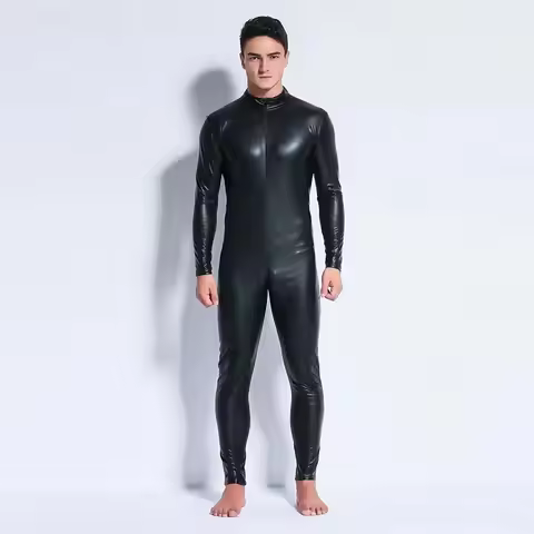 Men's Wet Look Catsuit Tight Black Patent Leather Bodysuit Front Zipper Full Body Jumpsuit Clubwear 
