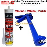 Paket 2 IN 1 [ Tembakan + Lem Botol Putih ] WHITE Gun Silicone Sealant Silent Lem Kaca Sanitary Alum