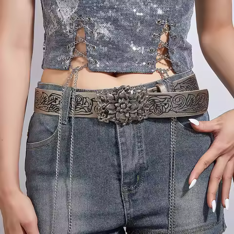 Punk Style Personality Retro Embossed Flower Belt Y2K Spicy Girl Versatile Gothic Belts For Women Un