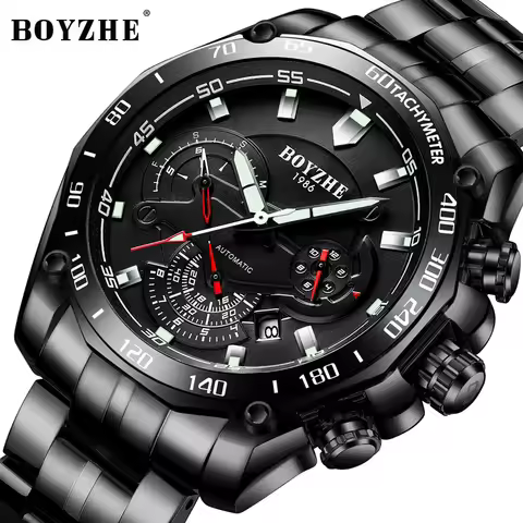 BOYZHE Men Watch Fashion Mechanical Watch Mens Top Brand Luxury All Steel Business Waterproof Sport 
