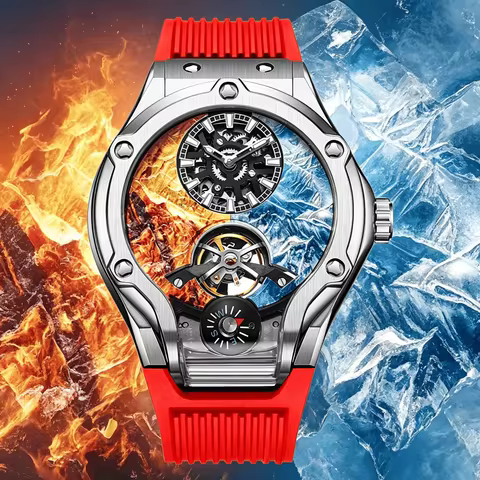 Ice and Fire Men's Automatic Mechanical Watch with Rubber Strap Personalized Fashion Compas Flywheel