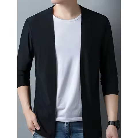 Long-sleeved slim new oxygen cotton T-shirt men's solid color casual cardigan collared men's fashion