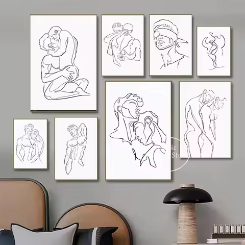Man Kiss Hug Love Gay Prints Canvas Painting Wall Pictures Abstract Line Minimalist Art Nordic Livin
