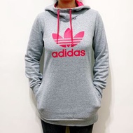 ADIDAS ORIGINALS 經典復古 三葉草 LOGO 刷毛 保暖 長版 連帽 帽T 女版 灰桃紅色 XS號 Z37585 TP0-21 #含運