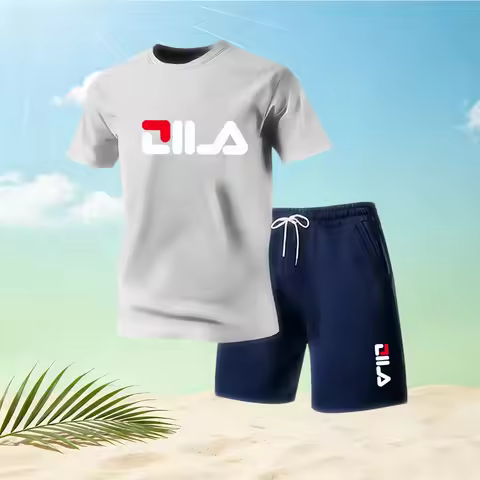 Summer Men's 2 Piece Set O-Neck Short Sleeve TShirt+Sport Shorts Quick Dry Running Gym Suit Home Out