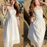 St08- White chiffon silk female dress with spread shape, designer dress [With lining and foam] for beach