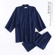 Japanese Style Kimono Cardigan Pants 2pcs Set Mens Nightwear Bathrobe Cotton Comfortable Home Suit R