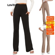 Lovito Casual Plain Bell-Bottoms Rubber Band Waist Basic Pants For Women L20D1350 (Black) Lovito Celana Dasar Kasual Polos Bell-bottoms L20D1350 (Hitam)