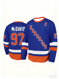 Edmonton Oilers "McDavid 97" Hockey Jersey - Blue with Orange & White Accents "EDMONTON" Text Captai