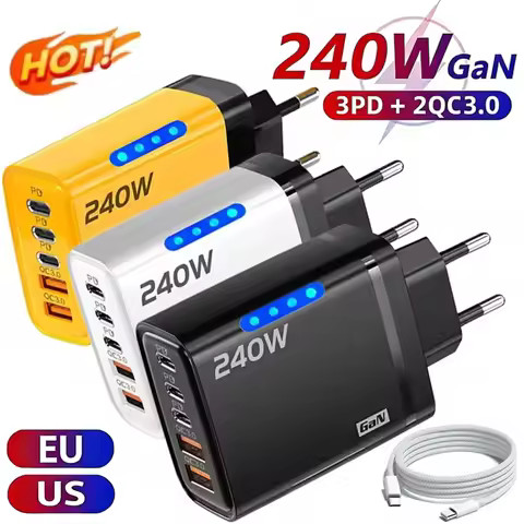 5 in 1 GaN USB C Desktop Charger 240W GaN USB-C Charger 2U 3C Phone Charger Power Adapter For iPhone