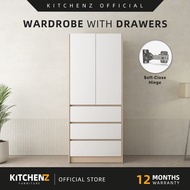 KitchenZ Jordan Series 192cm 2 Door 3 Drawer Wardrobe with Soft Close Door with Hanging Rod/Almari P