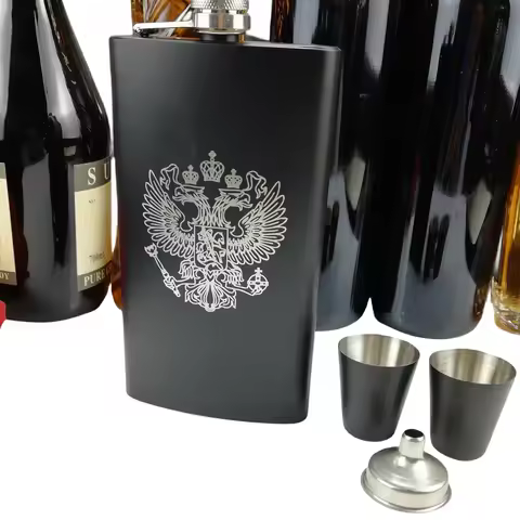 Lead -free 12oz whiskey flask stainless steel flask ,black and silver with 2 shot glasses