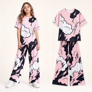 Girls Short Sleeve Black White Pink Lightning Cloud Top And Flare Pants Outfit, Cute Kids Two Piece 