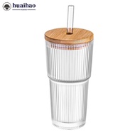 HUAIHAO 20oz Borosilicate Glass Cup with Lid and Straw Vertical Stripes Tumbler for Iced Coffee Juic