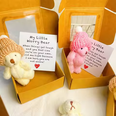 Handmade Mini Plush Bear Little Bear In A Box, My Little Worry Bears, Mini Pocket Bears Hug Plush Wi