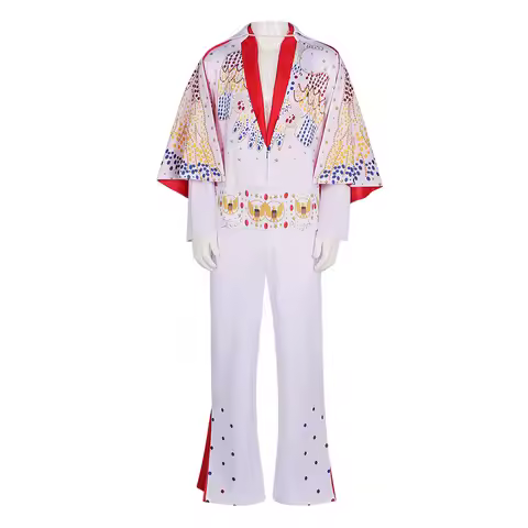 Men White Elvis Presley Cos Suit Rock Star Cat King Costume Halloween Party Stage Show Performance O