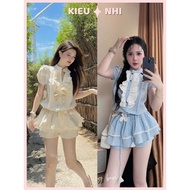 Set Women's Ruffled Shirt Mixed with Chic Layered Shorts - Coquette Style Ladies Outfit Set for Goin