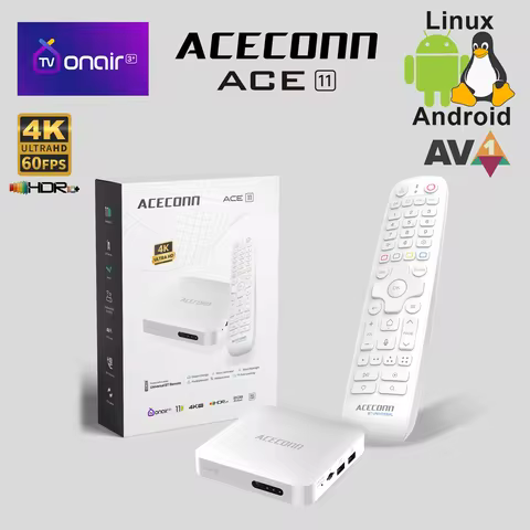ACECONN Streaming Android Linux IPTV Boxes 4K HDR10+ TVONAIR3+ Dual WiFi Auto Learning Hotkeys Backl