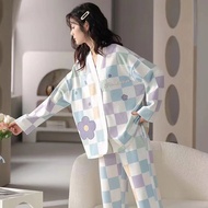2024 Pajamas Spring and Autumn Cute Long-Sleeved Purple Grid  WOutside The Suit Homewear Long-Sleeve