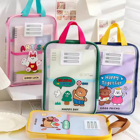 Transparent Handheld File Bag, Subject Classification Zipper Bag, Large Capacity Double-Layer File B