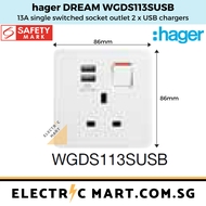 Hager Dream WGDS113SUSB 13A Single Switched Socket Outlet w/ 2 x USB Charger c/w M3.5 x 27mm long screws(Suitable for BTO switch replacement HDB new installations Singapore standard size switch hole for easy installation) *NEW beehive-like design plate