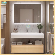 Home luxury curved artificial stone bathroom cabinet solid wood multi-layer board cabinet ceramic wash basin smart makeup mirror set