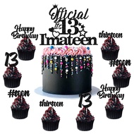 1Set 13th Cake Decorations  Official 13 Im a Teen Cake Topper with 24 Pack Cupcake Toppers Black Gli