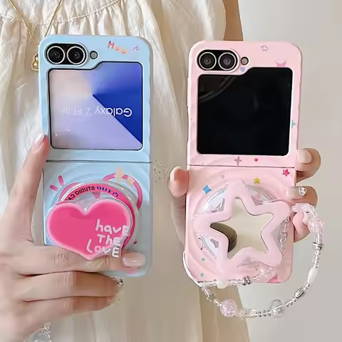 Korean Cute Star Wave Case For Samsung Galaxy Z Flip 5 6 5G Flip6 Flip5 2-piece set With Bracelet Lo