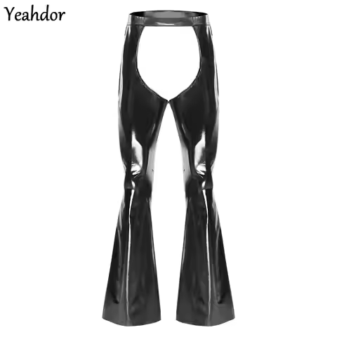 Mens Metallic Shiny Open Crotch Chaps Disco Dance Flared Pants Elastic Waistband Bell-Bottom Trouser