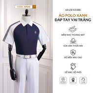 ADAM STORE BLUE COTTON POLO SHIRT WITH WHITE SHOULDER SLEEVES AP246 ELEGANT MINIMALIST