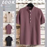 Kemeja Lengan Pendek Lelaki Bersaiz Besar Kolar Tegak Baharu Fesyen Korea Blaus Kapas Dan Linen Kasual Musim Panas Men Short Sleeve Shirt Oversize Summer New Stand up Collar Korean Fashion Casual Cotton Linen Blouse