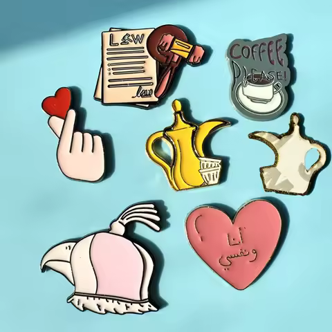 Creative Falcon Coffee Heart Phone Metal 3M Sticker Enamel Geometric Middle East Brooches Pins Bag C