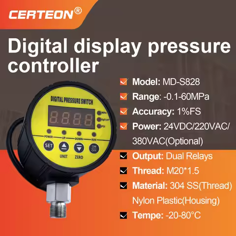 MD‑S828 Digital Pressure Switch Dual‑Relay Industrial Controller 0.1‑60MPa M20 Thread 24VDC 220VAC 3
