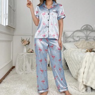 Bộ đồ ngủ in hình trái tim bằng lụa mô phỏng Flamingo có cổ ve áo