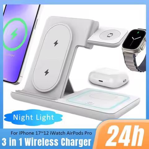 Night LED Light 3 in 1 Wireless Charger Foldable Stand For iPhone Samsung Apple Watch 2-11 SE Airpod