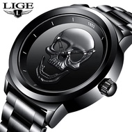 นาฬิกา3D ลายกะโหลกของผู้ชาย Lige นาฬิกาควอตซ์สแตนเลสสตีลนาฬิกาแฟชั่นสำหรับนักธุรกิจกันน้ำ