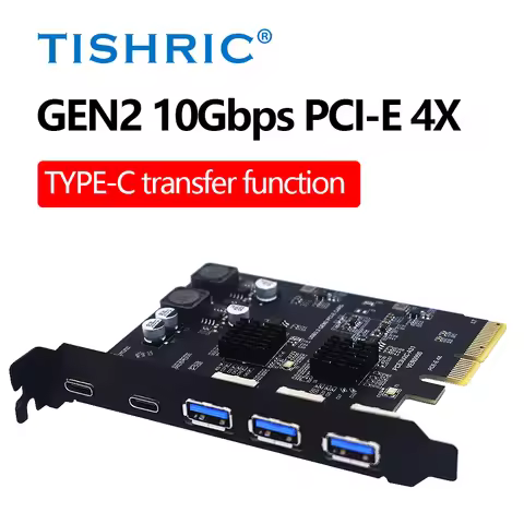 TISHRIC 10Gbps USB3.2 Type C PCIE 2X 4X Expansion Card 1-5 Port Type C USB 3.2 Adapter ASM3142 Contr