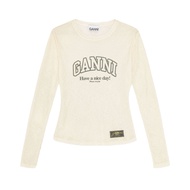 Ganni Printed Marl Mesh Long Sleeve Top Egret