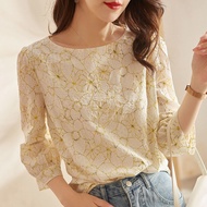 🍄Ready Stock Chiffon Shirt Women 3/4 Sleeve 2023 Summer Lace Korean Style Plus Size Blouse Labuh Baju Kemeja Perempuan Blause Wanita