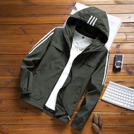 [M-8XL] Men Windbreaker Jacket Korean Striped Plus Size Hooded Jaket Lelaki