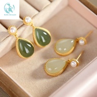 Fashion Jade Drop Earrings Ladies S925 Sterling Silver Gold Plated Earrings Birthday Gift