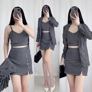 E 3in1 MARY JOY TERNO TOP SKIRT CROPTOP VEST PALDA CHECKERED OFFICE BUSINESS COORDS BKK KOREAN