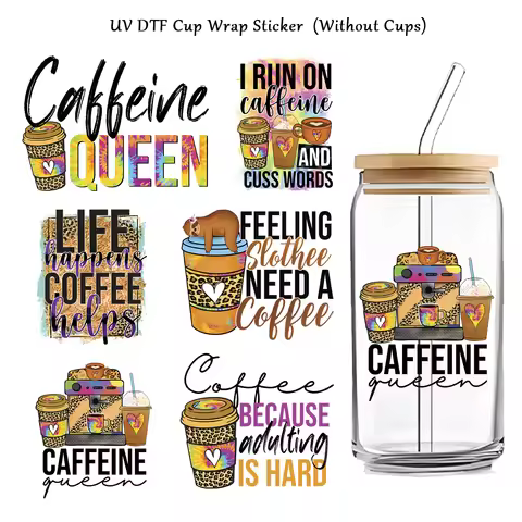 6 Sheets/Pack UV Transfer Decal,Sloth Tired Cute Pattern Coffee Mug Waterproof Self-adhesive Sticker