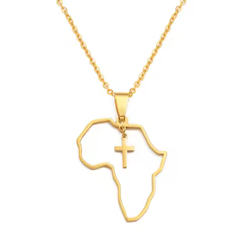 Anniyo African Map With Cross Pendant Necklaces Stainless Steel Jewelry for Women Girls Ghana Nigeri