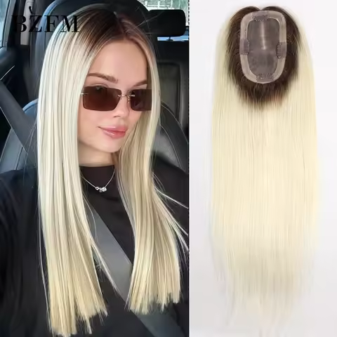 T3-613# Blonde Dark Root Straight Human Hair Women Toppers 3x5inch Mono Base Clip In Hairpiece Toppe