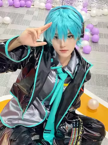 Miku Cosplay Costume Wig Full Set Black Leather Cloth Fabric Suit Mikuo Male Style Uniform Suits Hal
