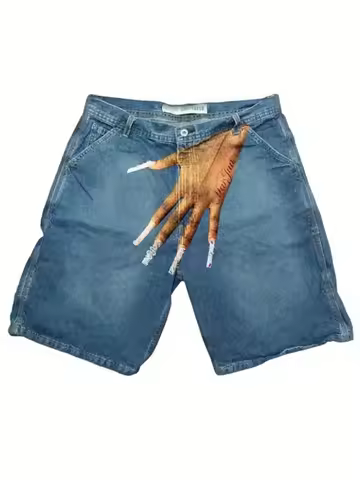 Y2K Baggy Jean Shorts Hip Hop Print Denim Shorts Grunge Graphic Jorts Vintage Wash Jorts Streetwear