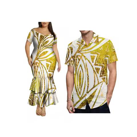 Customized Aloha Men Plus Size Shirt and Hawaii Print Polynesian Design Women Off Shoulder Mermaid D