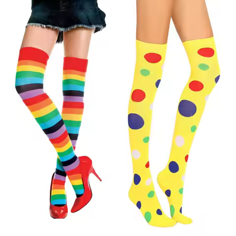2 Pairs Women Long Stockings Colorful Over Knee High Knitting Socks Clown Tube Socks Rainbow Stripes